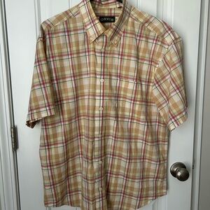 Orvis Men's Beige and Red Plaid Button Down Shirt, Large. Like New!